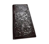 Western Stakes Leather Long Wallet Floral Embossed Deer Buck Tooled Bi Fold Checkbook Style Hand Crafted High End Cutout Mens Wallets Leather Gifts For Men, Dk Coffee Coffee, Western Long Wallet