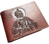 Western Stakes Leather Wallet Minimalist Cowboy Embossed St Jude Wallet for Men Handcrafted Leather Western Bifold Card Holder, Brown, Western Wallet