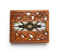 Western Stakes Luxury Hand Tooled Floral Leather Wallet High End Western Hand Beaded Bifold Premium Men's Card Holder, Brown White, Western Wallet