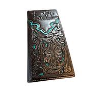 Western Stakes Men’s Long Leather Wallet - Embossed Cowboy Praying at Cross with Laser Cut Floral Design - Christian Western Rodeo Bifold Wallet for Ranchers, Cowboys & Faith Gifts, D Coffee Teal