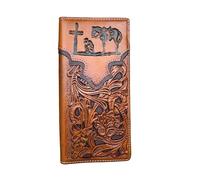 Western Stakes Men’s Long Leather Wallet - Embossed Cowboy Praying at Cross with Laser Cut Floral Design - Christian Western Rodeo Bifold Wallet for Ranchers, Cowboys & Faith Gifts, Brown & Coffee