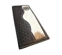 Western Stakes Men’s Long Leather Wallet - Hair-On Cowhide with Lone Star Concho and Hand Tooled Basketweave Design - Western Cowboy Rodeo Bifold for Texas Ranchers & Gift Ideas, Coffee, Western