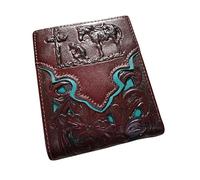 Western Stakes Men’s Short Leather Wallet - Embossed Cowboy Praying at Cross with Laser Cut Design - Christian Western Bifold Wallet for Ranchers, Cowboys & Faith-Based Gifts, Light Coffee Teal