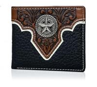 Western Stakes Men’s Short Leather Wallet - Hand Tooled Floral Design with Lone Star Concho - Western Cowboy Bifold Wallet for Texans, Ranchers & Rodeo Gift Ideas, Black, 5 x 1 x 5 inches, Wallet