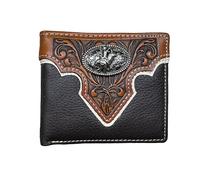 Western Stakes Men’s Short Leather Wallet - Tooled Inlay with Bull Rider Concho - Western Rodeo Bifold Wallet for Cowboys, Ranchers & Roughstock Riders, Coffee, Western Wallet