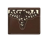 Western Stakes Men’s Western Leather Wallet - Bi-Fold Genuine Leather with Flip ID, Laser Cut Design, Durable Stitching, Coffee, Western Wallet