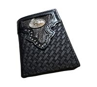 Western Stakes Mens Leather Tri Fold Wallet Basketweave Custom Cowboy Concho Cowhair Cowboy Western Leather Wallet High End Mens Wallets Leather Bull Rider Rodeo Gifts For Men, Black, Horse
