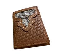 Western Stakes Mens Leather Tri Fold Wallet Basketweave Custom Cowboy Concho Cowhair Cowboy Western Leather Wallet High End Mens Wallets Leather Bull Rider Rodeo Gifts For Men, Brown, Horse