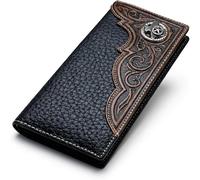 Western Stakes Men's Long Leather Wallet - Western Tooled Bifold Checkbook Organizer with Cowboy Concho, Black, Texas Seal