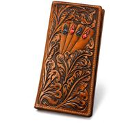 Western Stakes Men's Long Rodeo Wallet, Embossed Four Aces Poker Leather Checkbook Wallet with ID Window, Western Cowboy Card Holder for Men, Brown, Western Wallet