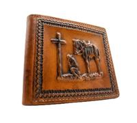 Western Stakes Mens Western Leather Bifold Wallet, Genuine Leather with Embossed Cowboy Praying, Rooster, or St Jude Design, Slim Cowboy Wallets for Men, Light Brown, Western Wallet