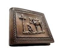 Western Stakes Mens Western Leather Bifold Wallet, Genuine Leather with Embossed Cowboy Praying, Rooster, or St Jude Design, Slim Cowboy Wallets for Men, Brown, Western Wallet