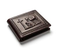 Western Stakes Mens Western Leather Bifold Wallet, Genuine Leather with Embossed Cowboy Praying, Rooster, or St Jude Design, Slim Cowboy Wallets for Men, Coffee, Western Wallet