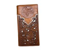 Western Stakes Mexican 50 Peso Embossed Leather Long Wallet Floral Cutout Layered Checkbook Style Cowboy Hand Crafted High End Mens Wallets Leather Gifts For Men, Brown & White, Long Wallet
