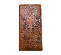 Western Stakes Mexican 50 Peso Embossed Leather Long Wallet Floral Cutout Layered Checkbook Style Cowboy Hand Crafted High End Mens Wallets Leather Gifts For Men, Brown & Coffee, Long Wallet