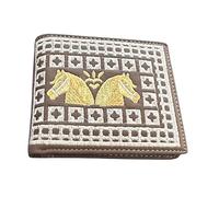 Western Stakes Western Cowboy Rodeo Wallet - Bi-Fold Leather with Gold Threaded Cowboy and Two Horses Design, Silver Accent Stitching, Coffee, Western Wallet