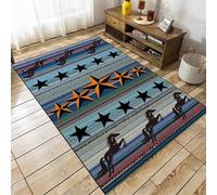 Western Star Area Rug,70x140cm, Blue Stripes With Black Horses & Orange Stars Rug Ideal for Rustic Decor,Non-Slip Washable Soft Country Rug Suitable for Living Room, Bedroom, Kitchen Home Decoration