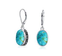 Western Style 3.2CT Stabilized Turquoise Dome Oval Bezel Set Lever Back Dangle Earrings For Women .925 Sterling Silver