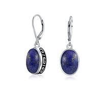 Western Style 3CT Oval Dome Blue Lapis Lazuli Gemstone Bezel Drop Dangle Lever Back Earrings For Women .925 Sterling Silver