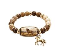 Western Style Beads Bracelet with Horse Charms in Natural Stone | One Size Elastic 16-21cm, Cowboy Style, Turquoise Jasper Beads, Horseshoe Charms, Gift Box