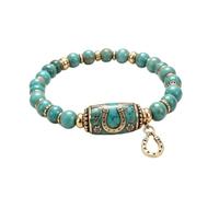 Western Style Beads Bracelet with Horse Charms in Natural Stone | One Size Elastic 16-21cm, Cowboy Style, Turquoise Jasper Beads, Horseshoe Charms, Gift Box