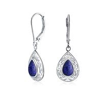 Western Style Blue Lapis Lazuli Pear Shaped Lever Back Scroll Filigree Teardrop Drop Dangle Earrings For Women .925 Sterling Silver