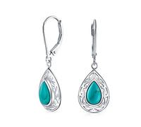 Western Style Blue Stabilized Turquoise Pear Shaped Lever Back Scroll Filigree Teardrop Drop Dangle Earrings For Women .925 Sterling Silver