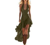 Western Style Carnival Dress Womens Retro Solid Color Wrap Dresses Sleeveless Halter Medieval Pirate Cow-Girl Costumes Irregular High Low Ruffle Hem Party Dress Bohemian Hippie Outfits Army Green