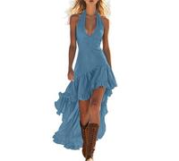 Western Style Carnival Dress Womens Retro Solid Color Wrap Dresses Sleeveless Halter Medieval Pirate Cow-Girl Costumes Irregular High Low Ruffle Hem Party Dress Bohemian Hippie Outfits Sky Blue