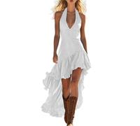 Western Style Carnival Dress Womens Retro Solid Color Wrap Dresses Sleeveless Halter Medieval Pirate Cow-Girl Costumes Irregular High Low Ruffle Hem Party Dress Bohemian Hippie Outfits White