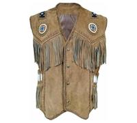 Western Style Cow Suede Leather Vest for Men with Native American-Inspired Design, Fringes, Beads & Braid, Brown, XXXL