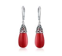 Western Style Dark Red Burgundy Simulated Coral Elongated Teardrop Filigree Lever Back Dangle Earrings For Women .925 Sterling Silver