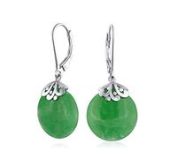 Western Style Filigree Lever Back Gemstones Green Dyed Jade Flat Round Circle Disc Dangle Drops Earrings For Women .925 Sterling Silver