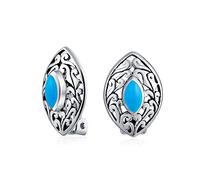 Western Style Filigree Marquise Shape Stabilized Blue Turquoise Clip On Earrings Non Pierced Ears .925 Sterling Silver