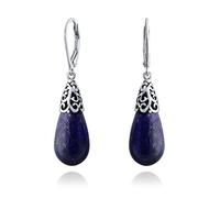 Western Style Gemstone Blue Lapis Lazuli Elongated Teardrop Filigree Lever Back Dangle Earrings For Women .925 Sterling Silver