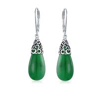 Western Style Gemstone Dyed Green Jade Elongated Teardrop Filigree Lever Back Dangle Earrings For Women .925 Sterling Silver