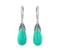 Western Style Gemstone Stabilized Turquoise Elongated Teardrop Filigree Lever Back Dangle Earrings For Women .925 Sterling Silver