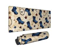 Western Style Large Mouse Pad, Blue Cowboy Boots and Stars Design, Stitched Edge Non-Slip Mousepad for Home and Office Use, Washable Gaming Mouse Pad 12x32 Inch