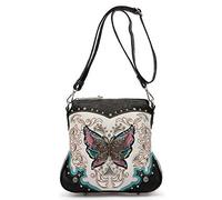 Western Style Metal Butterfly Rhinestone Studded Floral Tooled Leather Women Purse Crossbody Handbag Single Shoulder Bag, Black, One Size