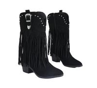 Western Style Mid-Calf Boots, Black PU Leather, Pointed Toe Cowboy Boots with Fringe Tassels and Studded Details, Block Heel Mid Length Boot Wide Calf Fashion Cowgirl Booties Casual Stylish