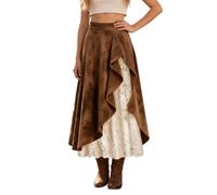 Western Style Skirt with Seductive Lace Inserts for Boho Denim Medium Length A-line, brown, S