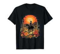 western sunset cowgirl riding horse in nature on wild horse T-Shirt