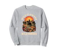 western sunset cowgirl riding horse wild flowers wild horses Sweatshirt