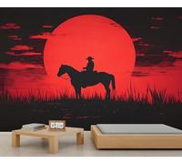 Western Sunset Mural Cowboy Silhouette Wallpaper Wild Red Sun Wall Mural Extra Large Panoramic Wallpaper Hotel Restaurant Lobby Custom Wall Paper (Non-self-Adhesive)