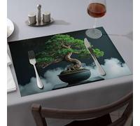 Western Tablecloth A Bonsai Tree In A Black Pot With Smoke-Like Clouds Around It. Dining Place Mats Rustic Home Decor Heat Resistant Mats For Countert(4PCS)