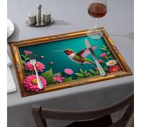 Western Tablecloth A Hummingbird Perches On Vibrant Pink Flowers in an Ornate Frame Dining Place Mats Wipeable Placemats Premium Kitchen & Dining(4PCS)