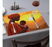Western Tablecloth A Woman Holds Her Child As They Gaze At The Sunset Dining Place Mats Wipeable Placemats Tablecloth(6PCS)