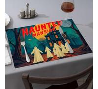 Western Tablecloth Spooky Ghosts Haunt The Mansion Under A Full Moon Dining Place Mats Wipeable Placemats Tablecloth(6PCS)