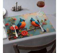 Western Tablecloth Two Colorful Birds Perched On Branches With Vibrant Flowers. Dining Place Mats Silicone Mats For Kitchen Counter Table Runner(6PCS)