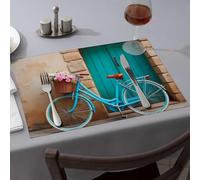 Western Tablecloth Vintage Bicycle With Flowers In Front Of Blue Door Dining Place Mats Golden Girls Gifts Tablecloth(4PCS)